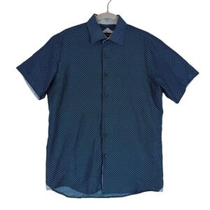 Silverstone Shirt Mens Large Blue Polka Dot Short Sleeve Button Up Slim Fit
